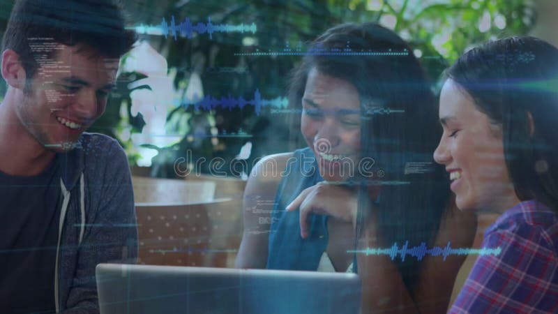 Animation von Daten und Blick über glückliche und vielfältige Studenten mit Laptop stock video footage