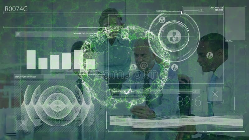 Animation von Datenverarbeitung und Gehirn über verschiedene Geschäftsleute im Büro vektor abbildung