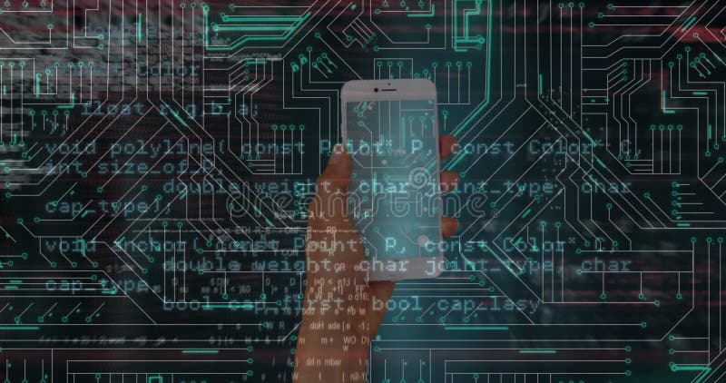 Animation von Datenverarbeitung und Mikroprozessorverbindungen über Hand mit einem Smartphone stock video
