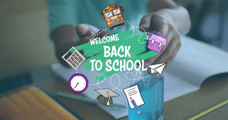 Animation von den Worten willkommen zurück zur Schule über dem Jungen, der seine Hände Desinfektion stock video