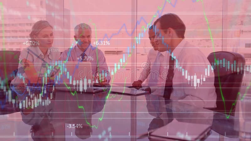 Animation von Finanzgrafiken über verschiedene Geschäftsleute, die sich im Büro treffen stock footage