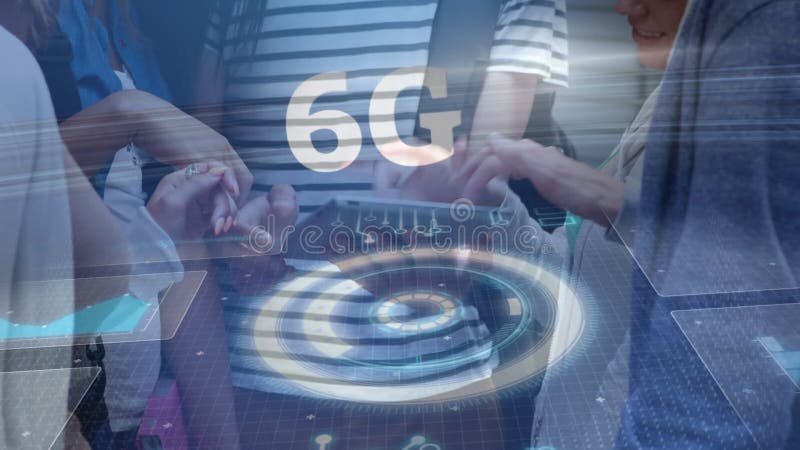 Animation von 6 g Text Scope Scan und Datenverarbeitung über Tablet-Benutzer stock video footage