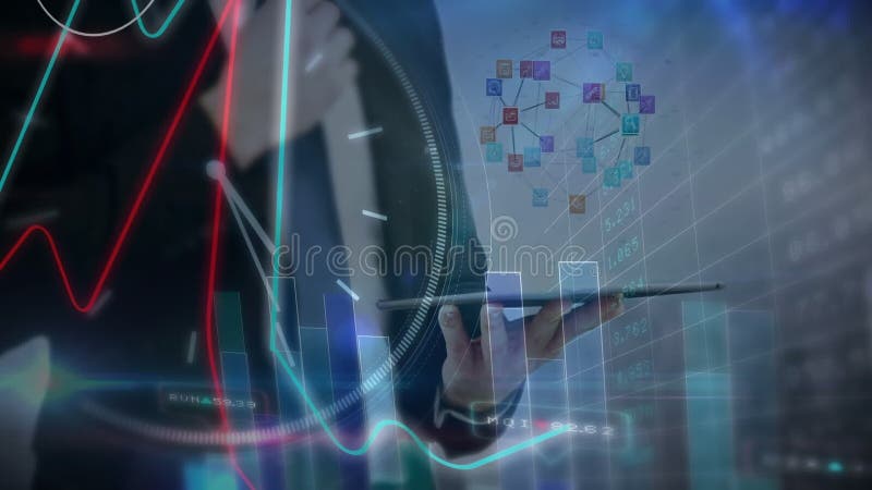 Animation von kaukasischen Geschäftsleuten, die Tablet für die Datenverarbeitung verwenden stock abbildung