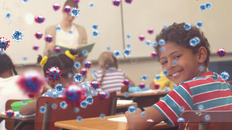 Animation von makro covid 19 Zellen über Schulkinder im Klassenzimmer vektor abbildung