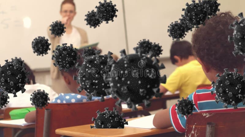 Animation von makro covid 19 Zellen über Schulkinder im Klassenzimmer vektor abbildung
