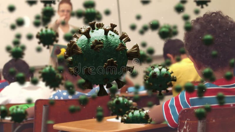 Animation von makro covid 19 Zellen über Schulkinder im Klassenzimmer vektor abbildung