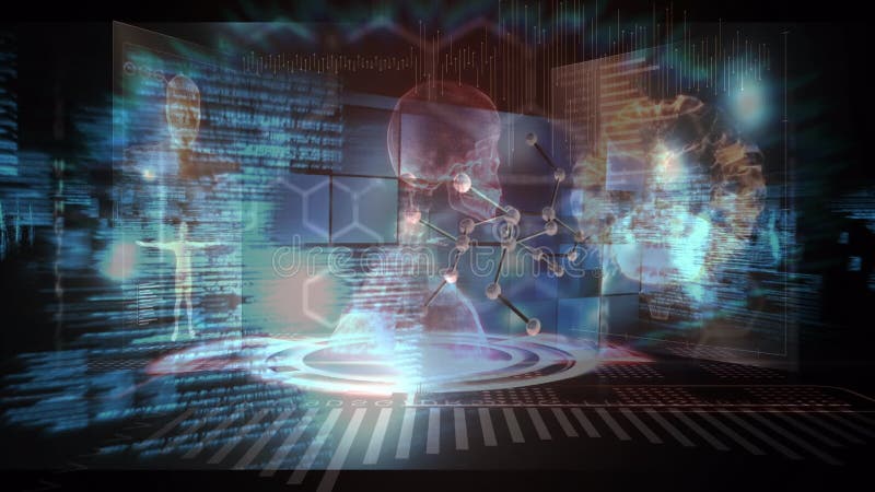 Animation von menschlichen Körpermolekülen Spinnen und Datenverarbeitung stock abbildung
