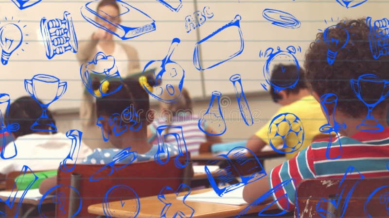 Animation von Schulartikeln über verschiedene Schulkinder und Lehrerinnen stock video footage