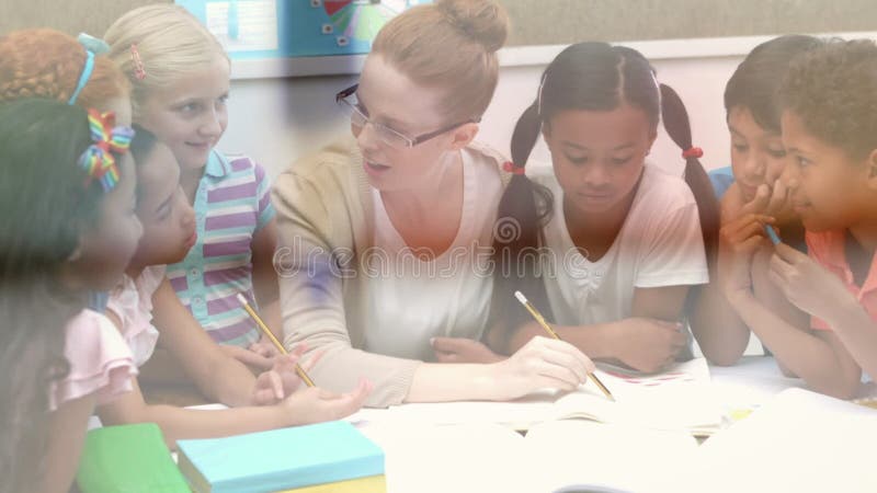 Animation von Verrückten über glücklich unterschiedliche Lehrerin und Schülerin in der Schule stock abbildung
