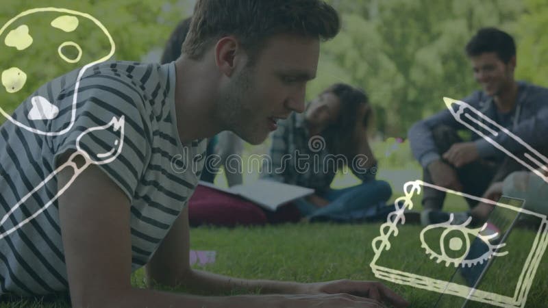 Animation von weißen Schulobjekten Symbole über Schüler stock footage