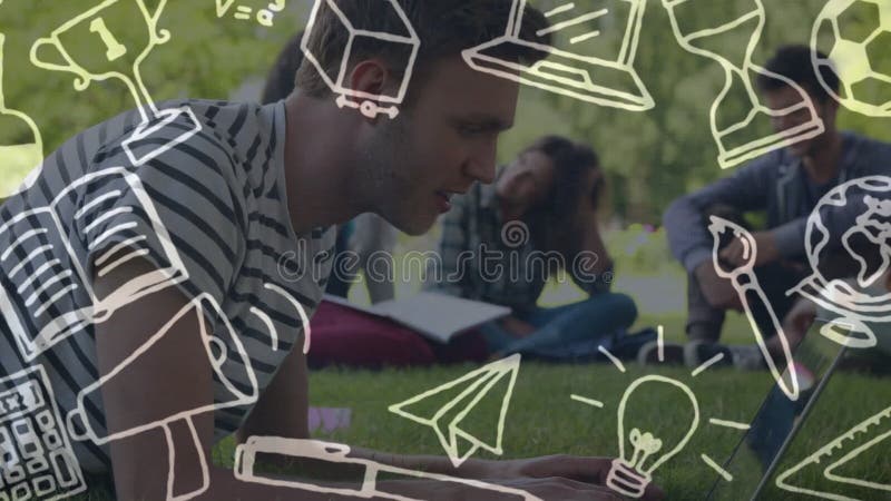 Animation von weißen Schulobjekten Symbole über Schüler stock video footage
