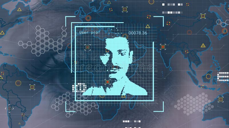 Animation von World Map Benutzerfotos und Ikonen über Augen der kaukasischen Frau stock video