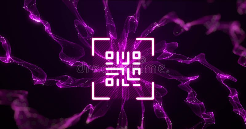 Animation of white qr code over explosion of purple light trails stock illustration