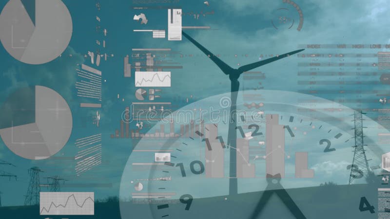 Animation of wind turbine turning, clock moving and stock exchange graph stock illustration
