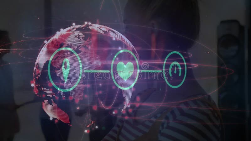 Animation of woman, globe and icons over network of connections stock video
