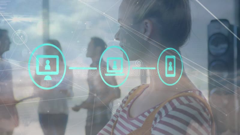 Animation of woman and icons over network of connections stock video