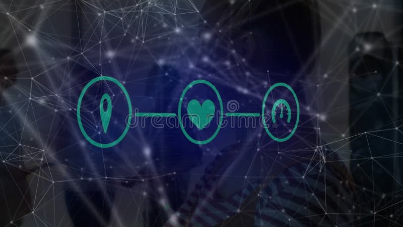 Animation of woman and icons over network of connections stock footage