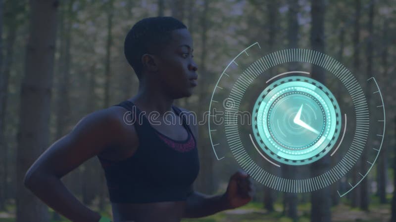 Animation of woman running with scope scanning and clock moving fast