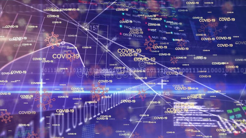 Animation of words Covid-19 drawing floating over a stock market display. stock illustration