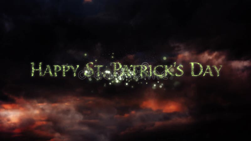 Animation of the words Happy St. Patrick`s Day written in sparkling letters, with multiple green and yellow fireworks exploding on