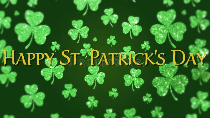 Animation of the words Happy St. Patricks Day written in green letters, with multiple green shamrock clover leaves flying up on gr