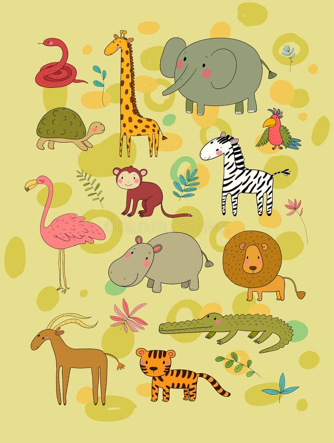 African animals. Cute cartoon lion and tiger, elephant and zebra, monkey and parrot. Fun zoo. Vector. African animals. Cute cartoon lion and tiger, elephant and zebra, monkey and parrot. Fun zoo. Vector