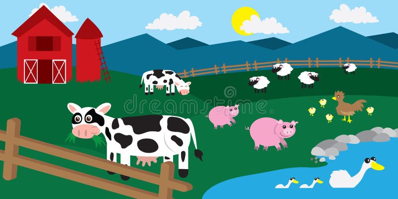 Cartoon farm with various animals throughout the field. Cartoon farm with various animals throughout the field.