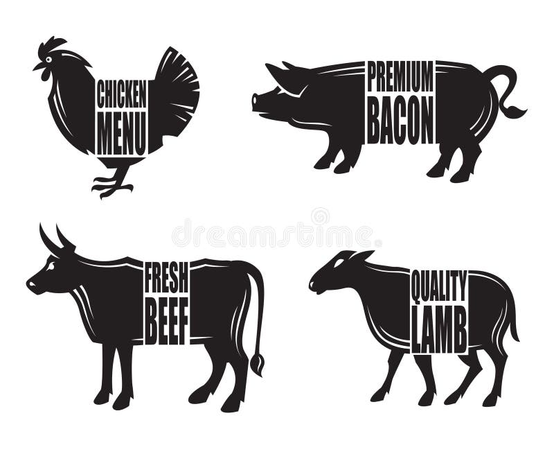 Monochrome illustration of four farm animals. Monochrome illustration of four farm animals