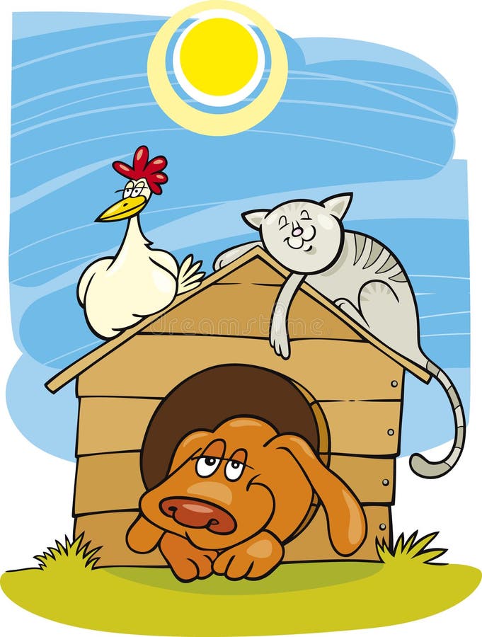 Illustration of happy chicken cat and dog in doghouse on farm. Illustration of happy chicken cat and dog in doghouse on farm