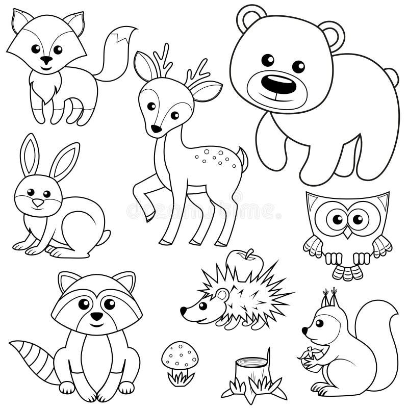 Animaux de forêt Tronçon de Fox, d'ours, de raccon, de lièvres, de cerfs communs, de hibou, de hérisson, d'écureuil, d'agaric et illustration libre de droits