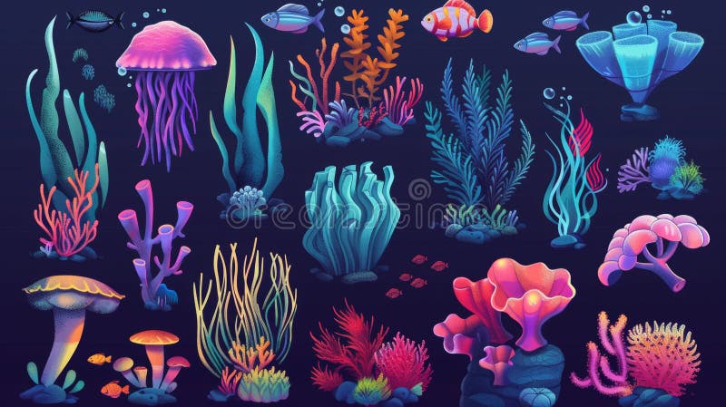 Animals and plants found underwater for seabed design. Cartoon modern set featuring seaweeds, corals, fish, and jellyfish. Ocean aquatic tropical world with vibrant animals.. AI generated. Animals and plants found underwater for seabed design. Cartoon modern set featuring seaweeds, corals, fish, and jellyfish. Ocean aquatic tropical world with vibrant animals.. AI generated