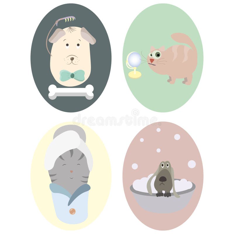 Animaux familiers : chien, chat toilettage Ensemble de grandes icônes rondes illustration stock Animaux familiers : chien, chat toilettage Ensemble de grandes icônes rondes illustration stock