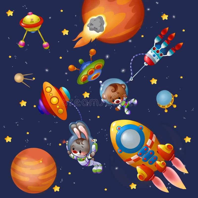 Animaux, planètes et espace drôles de spaceshipsin illustration de vecteur Animaux, planètes et espace drôles de spaceshipsin illustration de vecteur