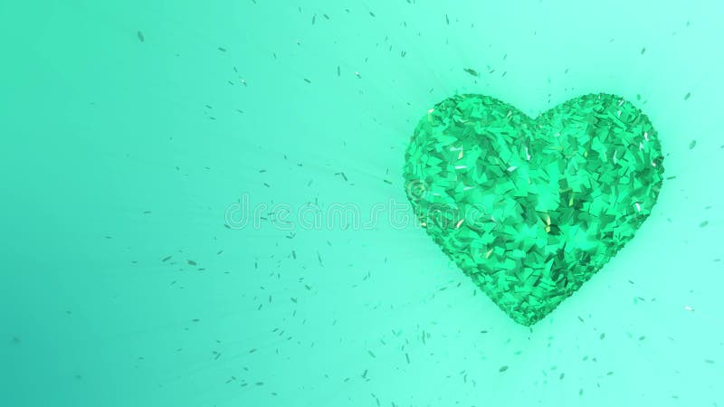 animazione 3d: Fondo animato avvolto estratto: Pezzi e cubi formati cuore verde smeraldo luminoso giranti di filatura verde