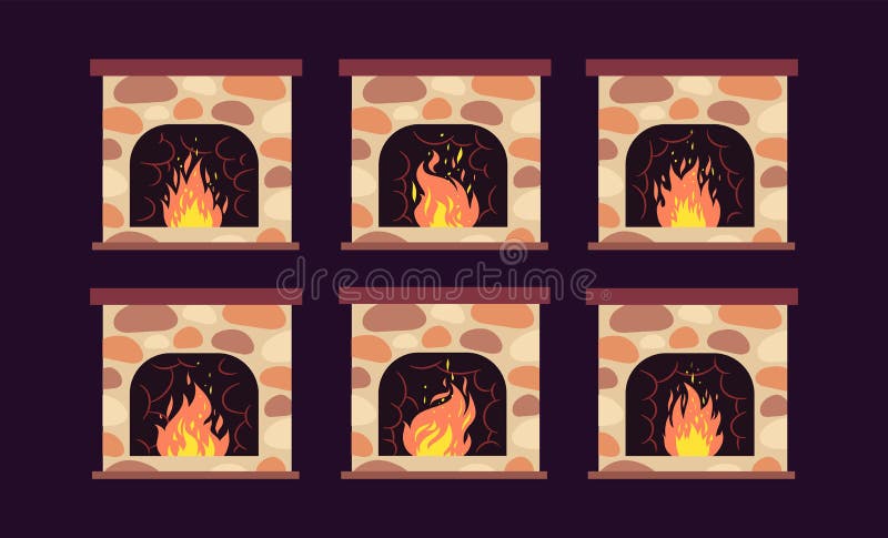 Animazione del camino Retro camini domestici con fuoco Natale del fumetto e decorazione interna di vettore illustrazione vettoriale