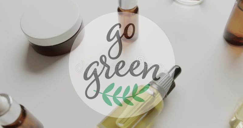 Animazione del testo verde go e del logo foglia sulle crepe naturali e sugli oli di bellezza su bianco