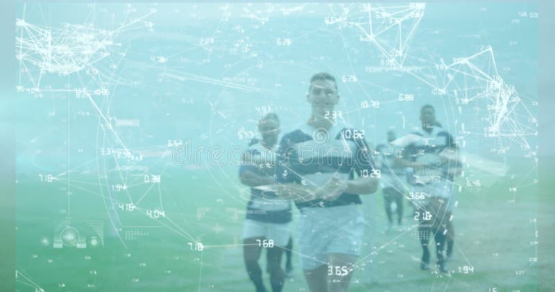 Animazione delle animazioni di elaborazione dati che girano su una squadra di rugby multietnica