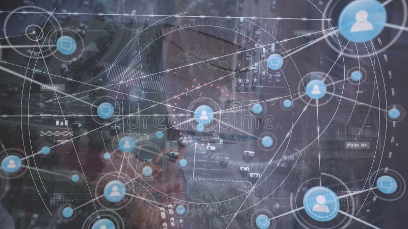 Animazione delle connessioni del mirino e del traffico stradale su uomo caucasiano nell'auricolare vr video d archivio
