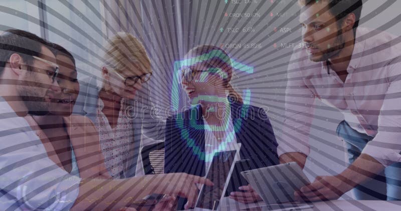 Animazione dello scudo digitale con lucchetto su colleghi di sesso femminile e maschile felici video d archivio