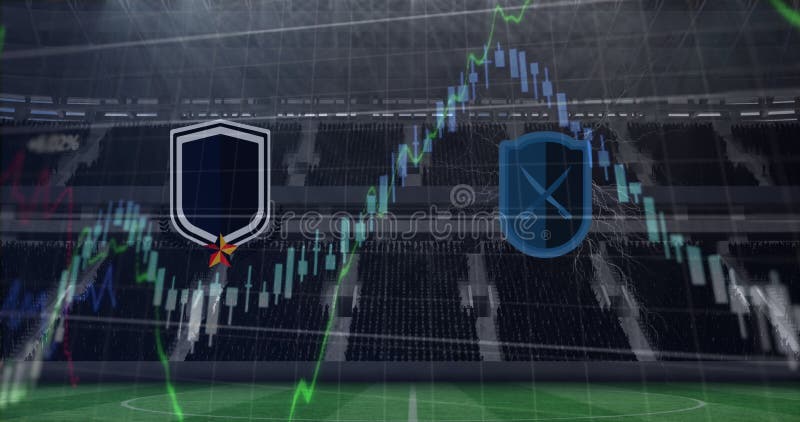 Animazione di emblemi e globi di squadra con grafici ed elaborazione di dati sullo stadio sportivo