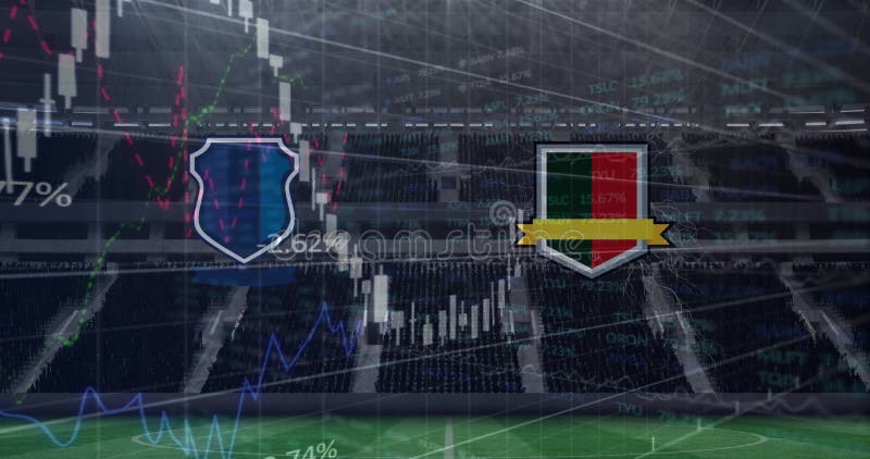 Animazione di emblemi di squadra con grafici ed elaborazione dati sullo stadio sportivo