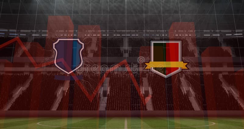 Animazione di emblemi di squadra con grafici ed elaborazione dati sullo stadio sportivo