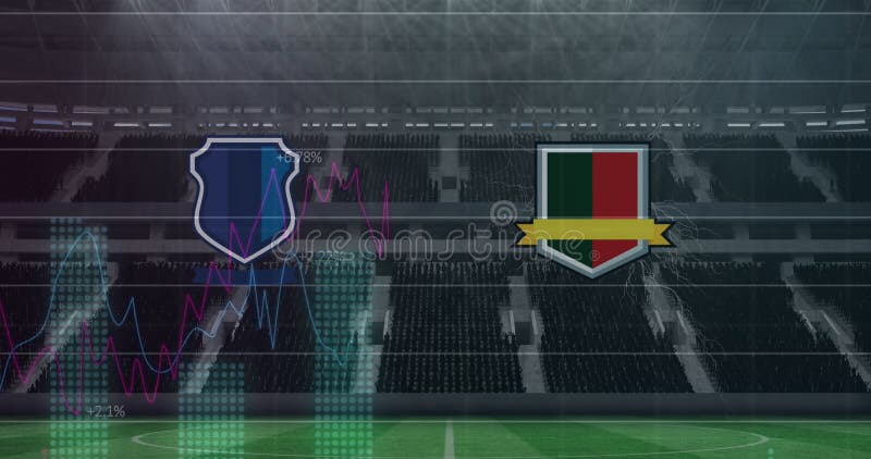 Animazione di emblemi di squadra e elaborazione di dati su grafici blu sullo stadio sportivo