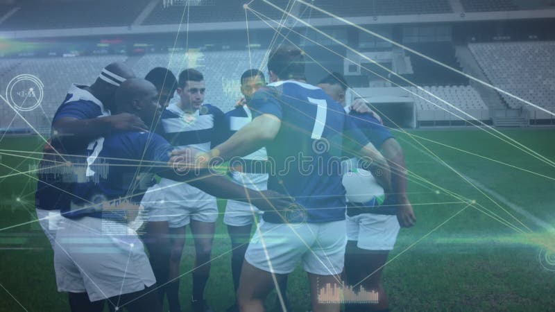 Animazione di una rete di connessioni con dati e statistiche sulla squadra di rugby maschile multietnica