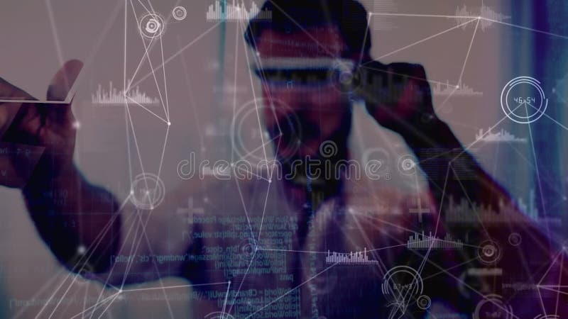 Animazione di una rete di connessioni con le statistiche sull'uomo che indossa cuffie Vr stock footage