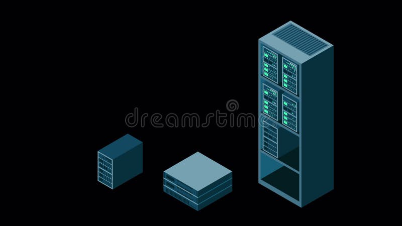Animazione isometrica del server. rete server room 3d computer. database di archiviazione. tecnologia isometrica. trasparente illustrazione di stock