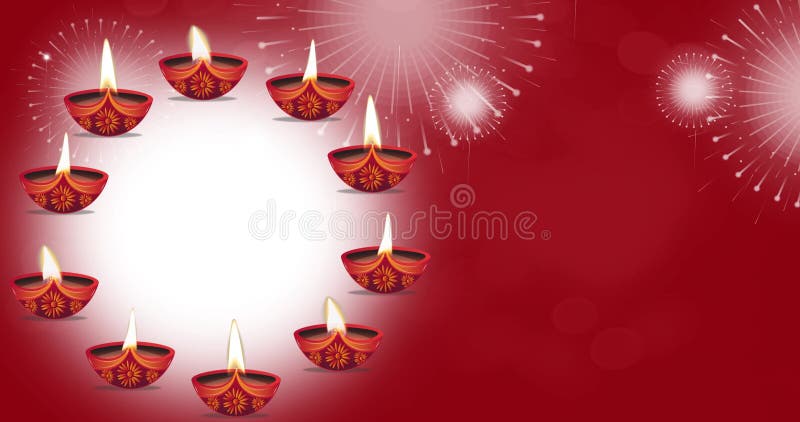 Animazione in movimento a diwali felice. lampada a diwali diya a rotazione con fuochi d'artificio su fondo rosso