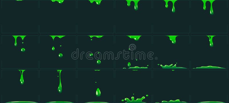 Animazione verde di gocciolamento della melma Liquido animato del rifiuto tossico del fumetto Vettore di Sprite del fx di goccia