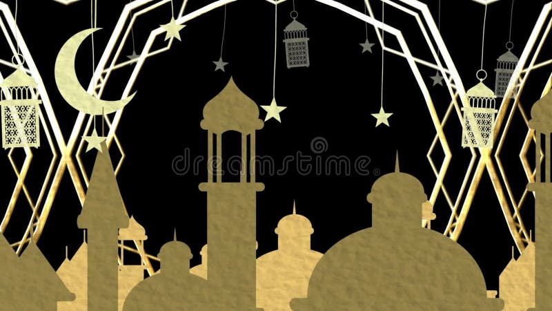 Animação de telhados dourados ao estilo árabe lamaçais luas e estrelas com linhas caleidoscópicas em preto