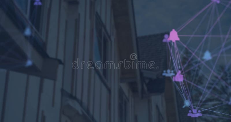Animação de ícones conectados formando globos sobre visão de baixo ângulo das casas modernas contra o céu